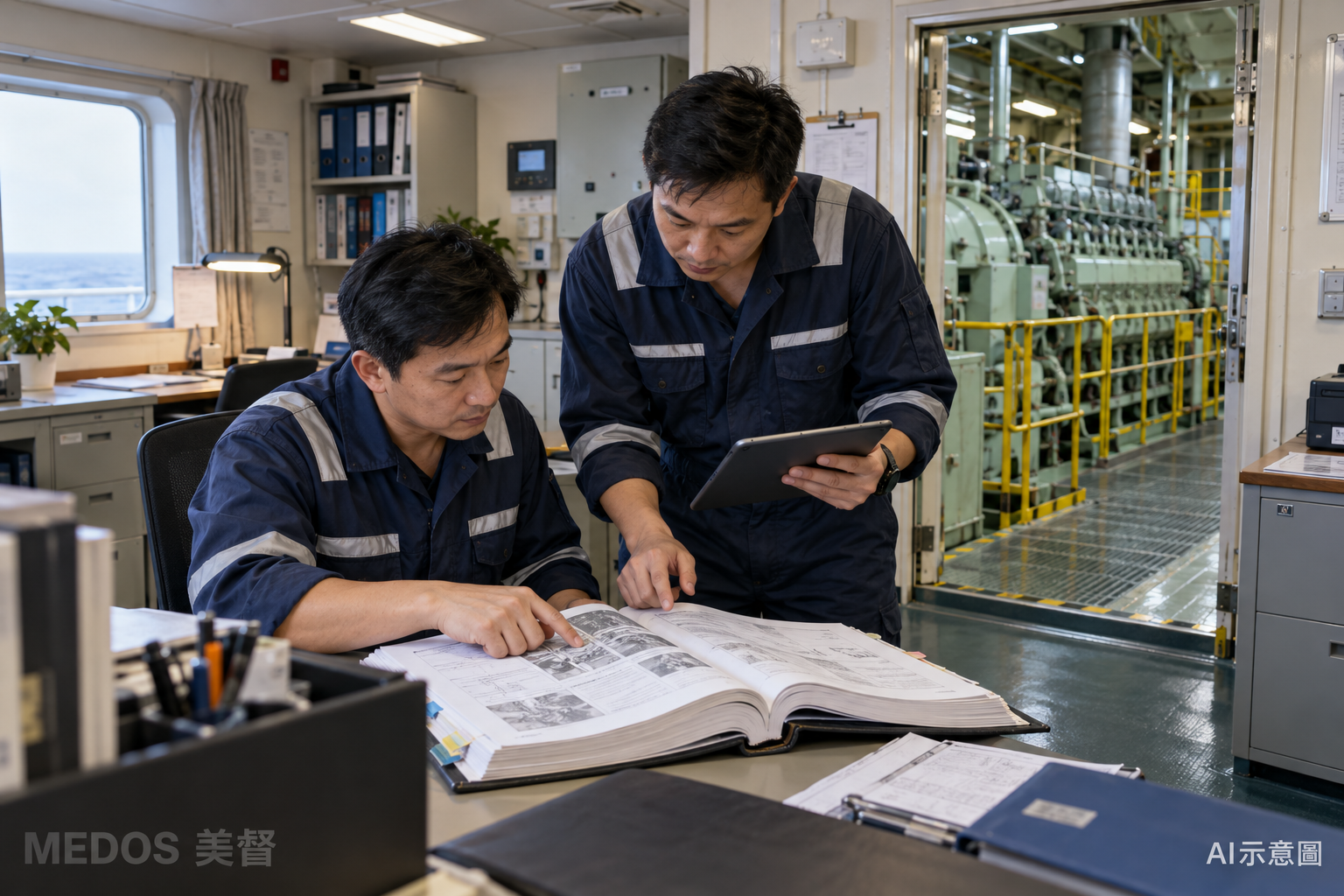AI示意圖|設備版本核對,大型遠洋商船潤滑教育情境