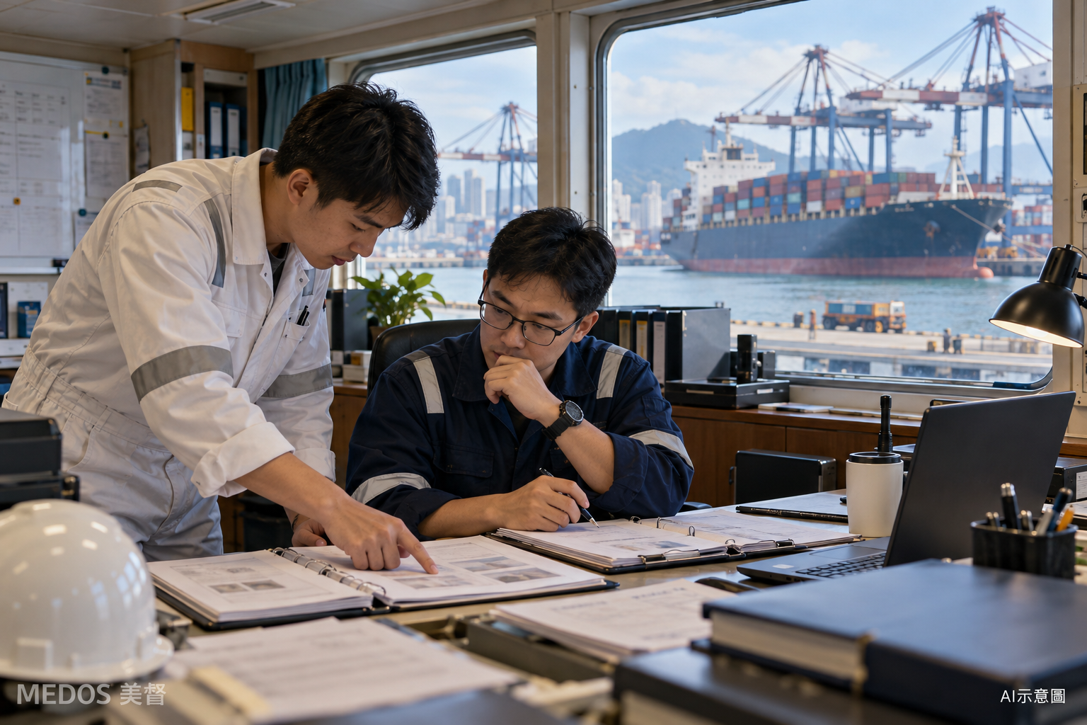 AI示意圖|燃料文件查核,大型遠洋商船潤滑教育情境