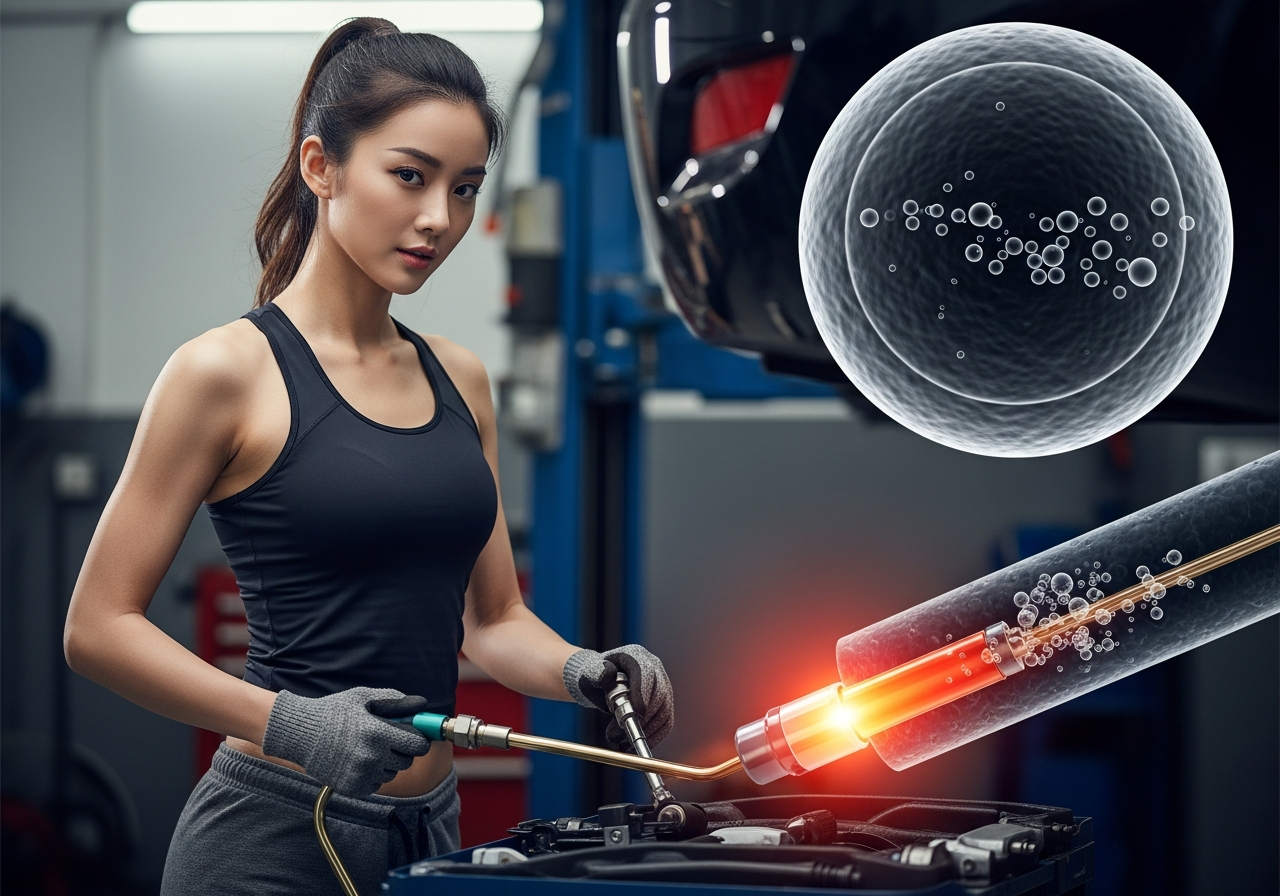 實驗室燒杯呈現劣化煞車油與新油對比